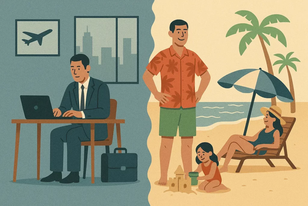 A family relaxing on a beach after business trip, representing the concept of Bleisure Travel