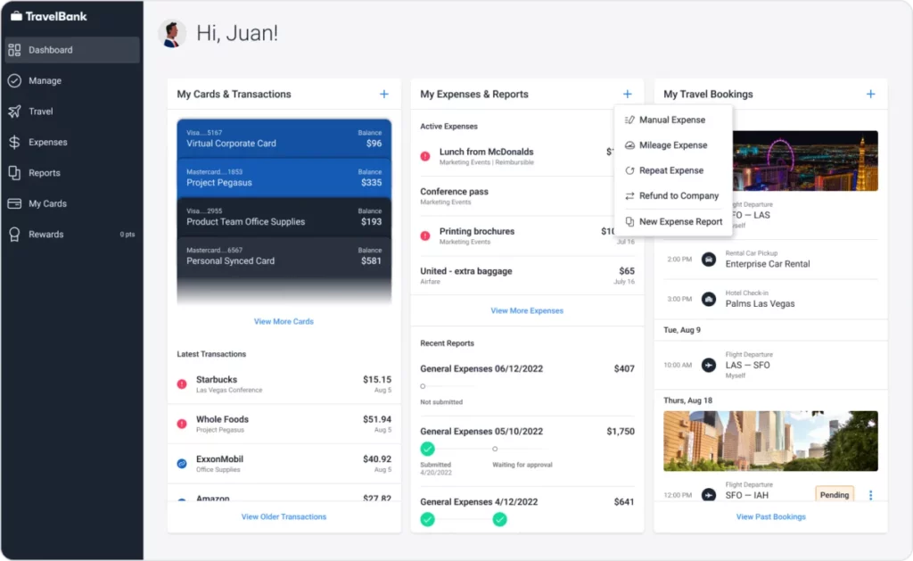 Image alt text: TravelBank unified dashboard showing corporate cards, active expenses, recent reports, and upcoming travel bookings