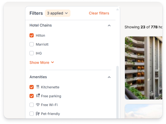 New hotel search filters for amenities and hotel chains