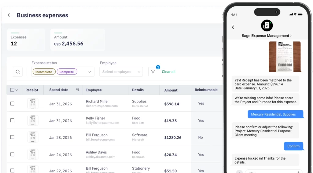 Sage Expense Management interface showing business expense list with receipt matching and mobile approval workflow