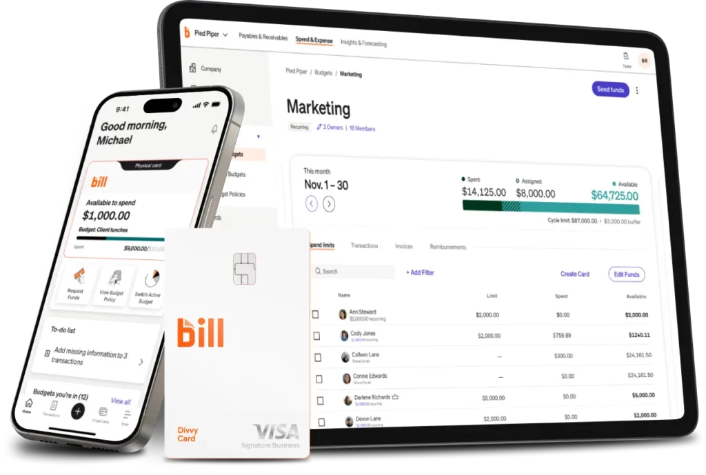 BILL spend management interface displaying available budgets on mobile and marketing team expense dashboard on tablet