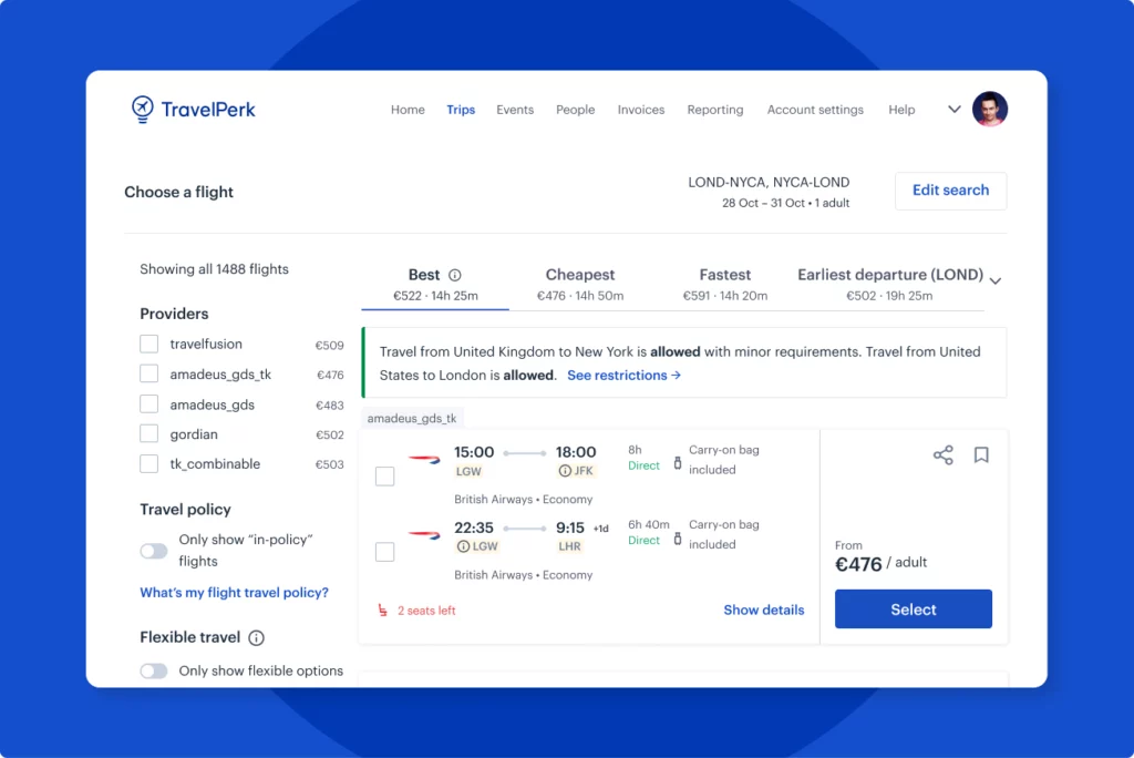 Perk platform displaying flight options sorted by best value with policy compliance filters and flexible travel toggles