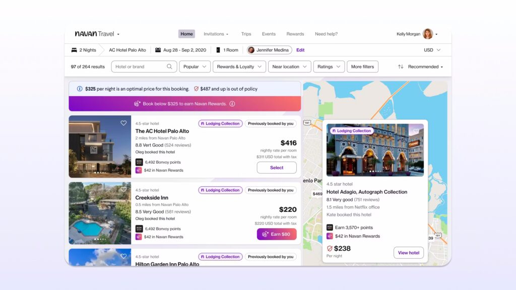 Navan corporate travel dashboard highlighting in-policy hotel options, Bonvoy points, and Navan Rewards earnings
